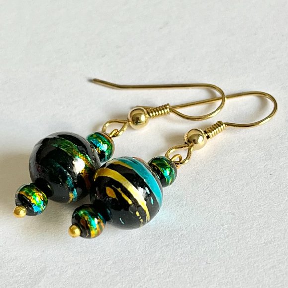 Aqua Blue Black Clear Murano Glass Earrings Bead Hand Painted Round Gold Plated - Picture 6 of 9